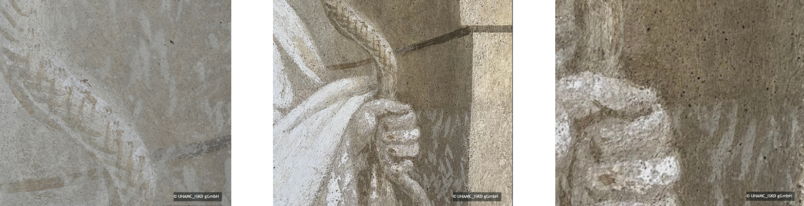 Details aus der Darstellung der Prudentia im Vorzustand und mit einem Musterfeld zur Behandlung der biogenen Besiedlung. Im Vergleichbild wird eine deutliche optische Beruhigung der Wandmalereioberflächen in der Schloßkapelle gezeigt.