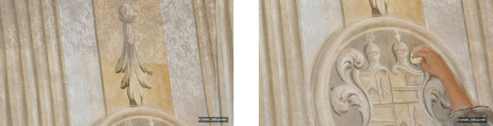 Zwei Nahaufnahmen der Darstellung der Wandmalerei im Vorzustand und mit einem Musterfeld zur Behandlung der biogenen Besiedlung. Im Vergleichbild wird eine deutliche optische Beruhigung der Wandmalereioberflächen in Schloßkapelle gezeigt.
