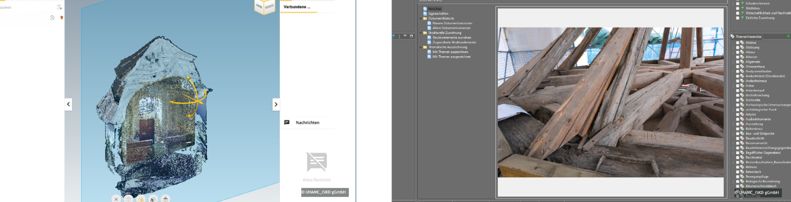 Screenshot aus dem BIM-Programm mit der Querschnitt der Schloßkapelle und Nahaufnahme des hölzernen Dachtragwerk