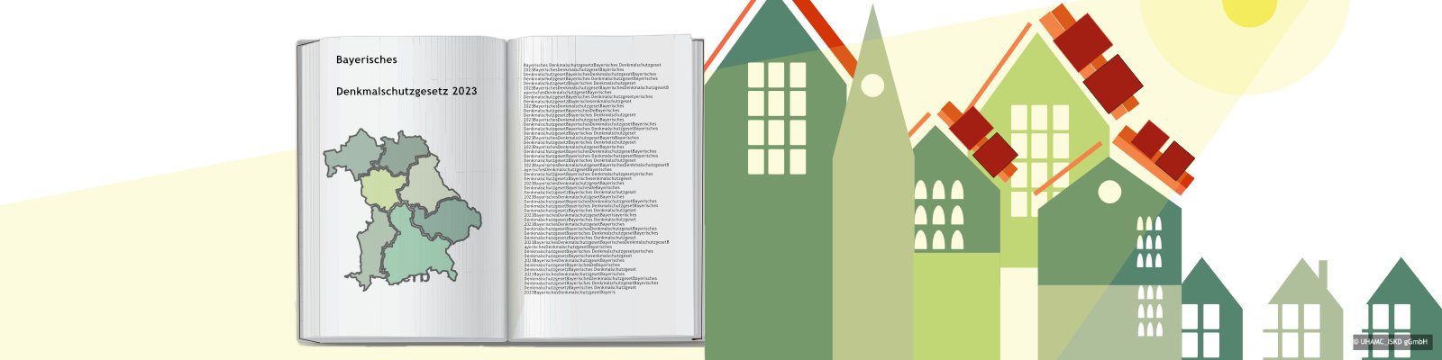 Denkmalgeschützte Dächer mit Solar-Anlagen im Hinteregrund, im Vordergrund ist das Bayersiches Denkmalschutzgesetz mit Änderungen 2023 zu sehen