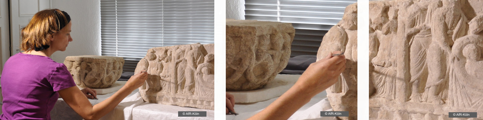 Das  Bild ist eine Collage: links sitzt Restauratorin/Frau halbgedreht, sie arbeitet an Relief aus hellem Stein. Rechts: vergrößerte Ausschnitte von Hand und Steinrelief.